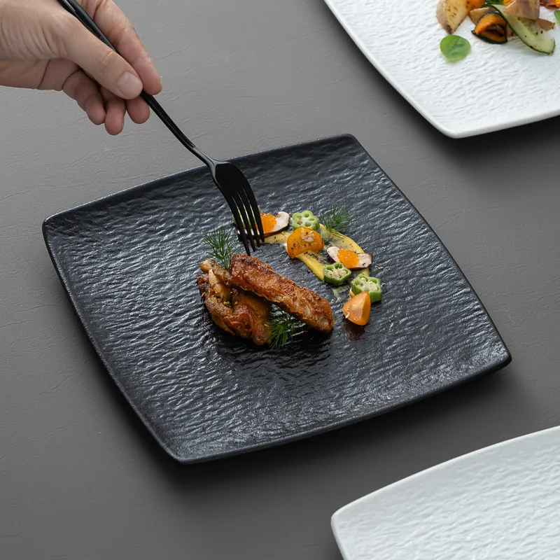 High Quality Matte Dinner Plates, Square Dishes, Black White Ceramic Plate, Household Tableware, Retro Grilled Meat Dish
