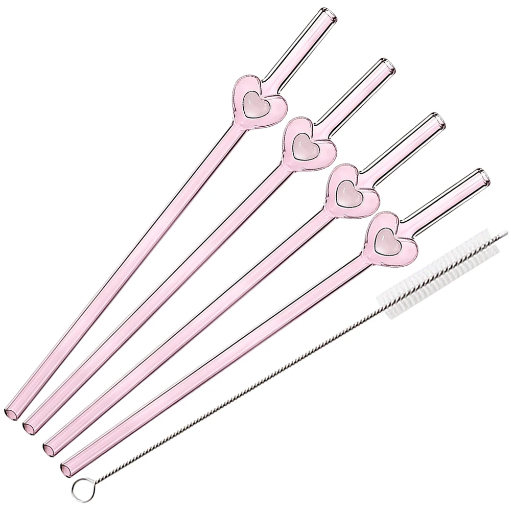 4 Pajitas de Vidrio Reutilizables, Lindas Pajitas de Vidrio con Forma de Corazón de 7.8 Pulgadas * 8 mm con 1 Cepillo de Limpieza, Regalo para el Día de San Valentín