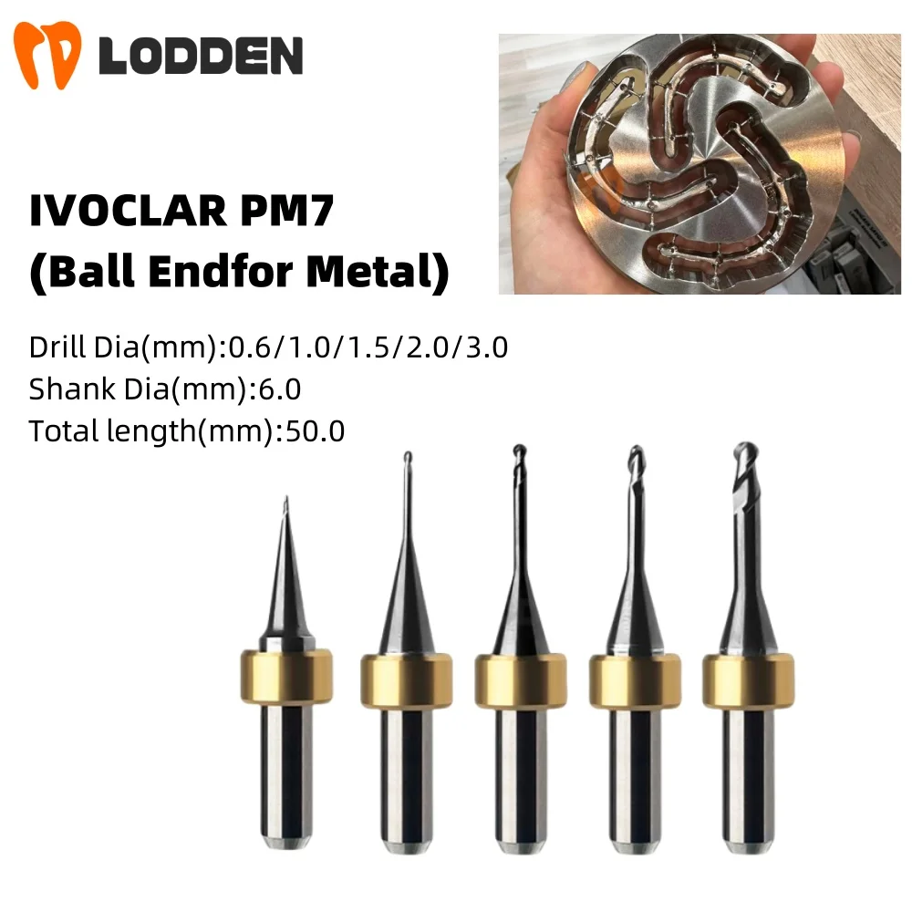 Dental Milling Burs for Ivoclar PM7 Cutter D6 Shank Metal Ball End Grinding Drills Dental Lab Materials 0.6/1.0/1.5/2.0/3.0