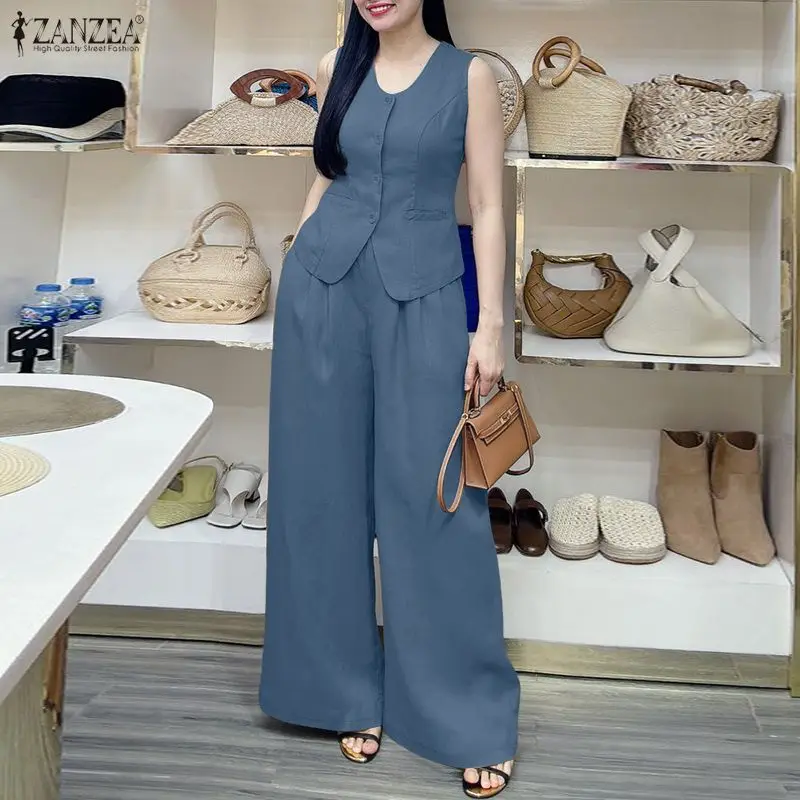 ZANZEA Women's Summer Old Money Pant Suits U-Neck Vest Tops & Wide-Leg Pants 2 Pieces Sets Office Commute Vintage 2pcs Outfits