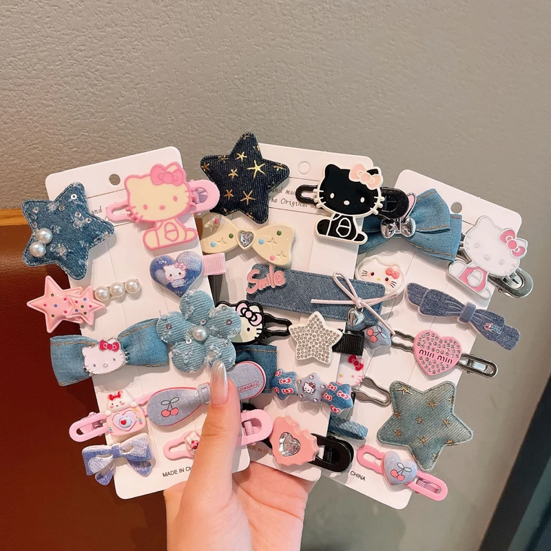 

10Pcs Set Girl's Denim Hair Clip Cartoon Hello Kitty and Bowknot Girls Headwear Sweet Kids Clips Barrettes Baby Hair Accessories