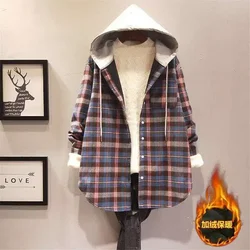Women Shirt Blouse Winter Hooded Plaid Shirt Baggy Coat Blusas Ropa De Mujer
