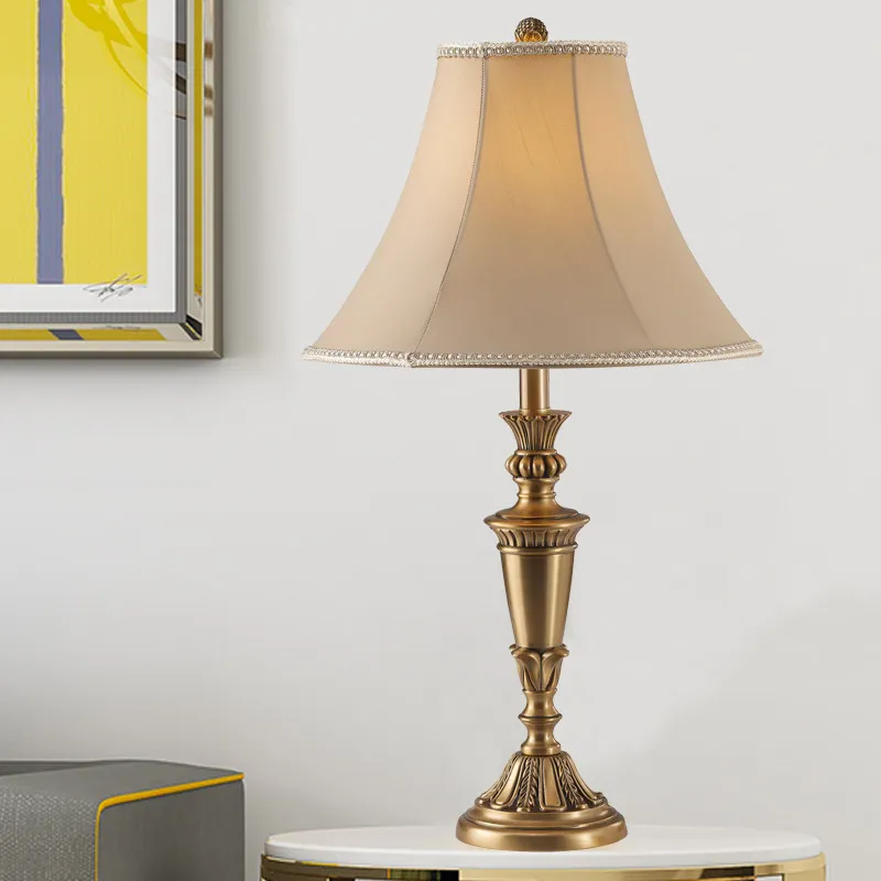 

European Style All Copper Table Lamp Living Room Study Bedroom Bedside Hotel Villa American Retro Fabric Decorative Floor Light
