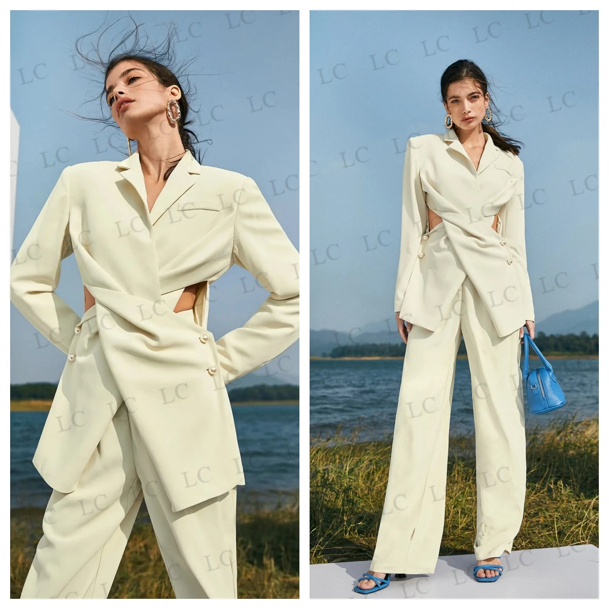 

Modern Women Suits 2 Pieces Buttons Blazer PantPeaked Lapel Slim Fit Hollowed Tailored Plus Size Custom Made Mother Of The Bride