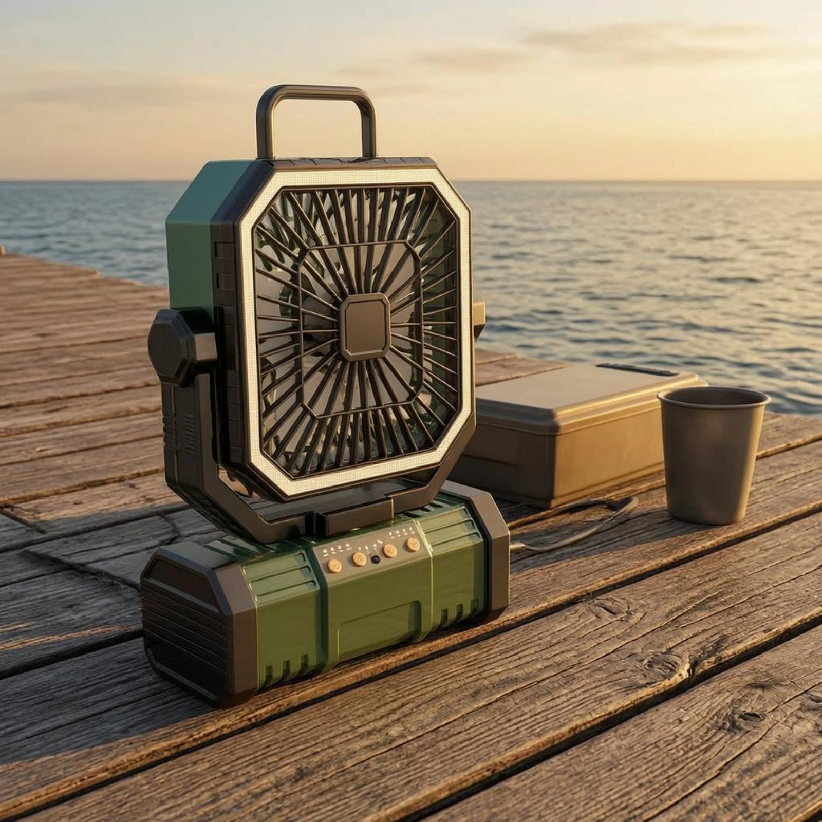 

Rechargeable Camping Fan Hanging or Standing Oscillating Camping Fan LED Lighting 4 Speed Settings for Campers