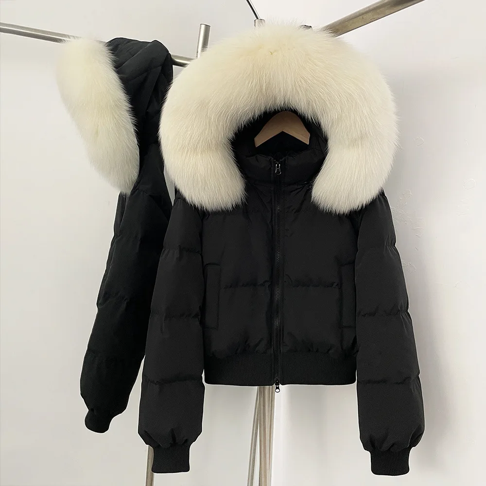 Chaqueta acolchada de invierno para mujer, chaqueta acolchada grande con cuello de piel de zorro Real, Parkas cortas para mujer, abrigo grueso cálido 90% de plumón de pato suelto