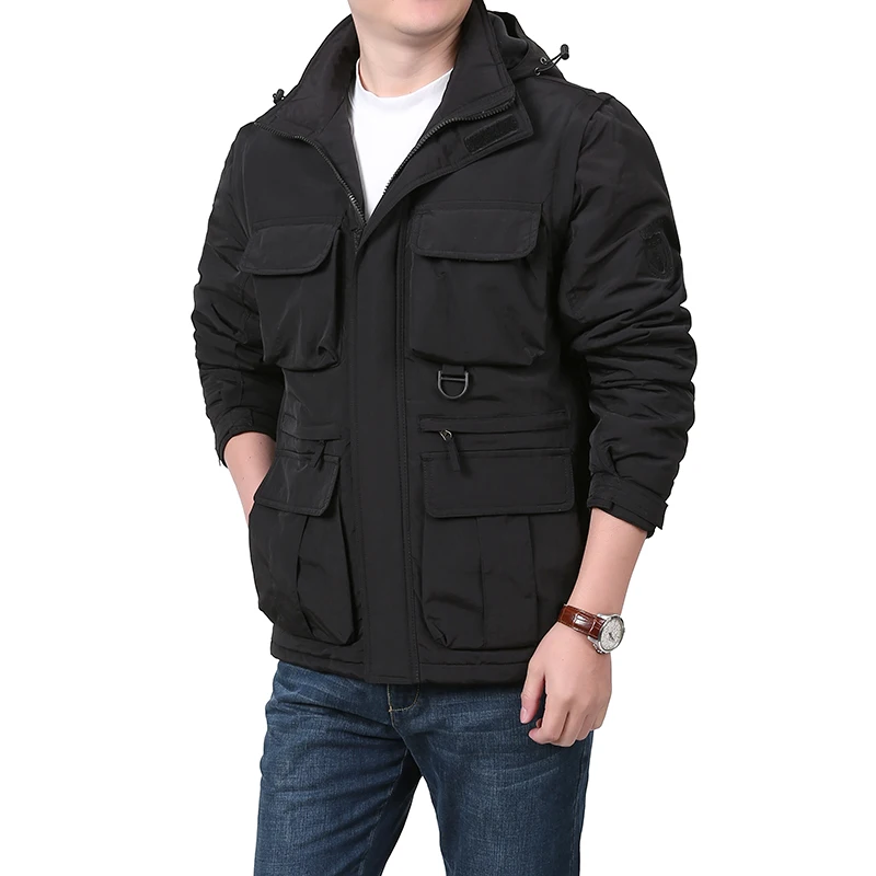 

New Hooded Jackets Men Jacket Winter Fashion Thickened Multi Pocket Cargo Casual Versatile Detachable Sleeves Warm Cotton Parkas
