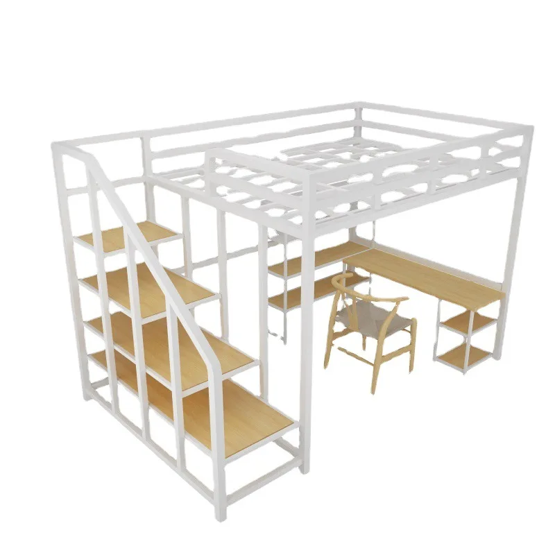 Simple wrought iron double-layer elevated bed, home bedroom bed under the table iron frame bed, single apartment space-saving