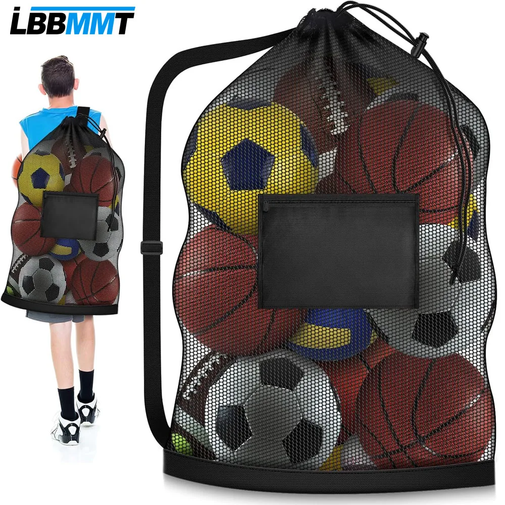 

Heavy Duty Mesh Sports Ball Bag with Drawstring, Zipper Pocket & Adjustable Strap - Storage Organizer for Gym Beach Travel