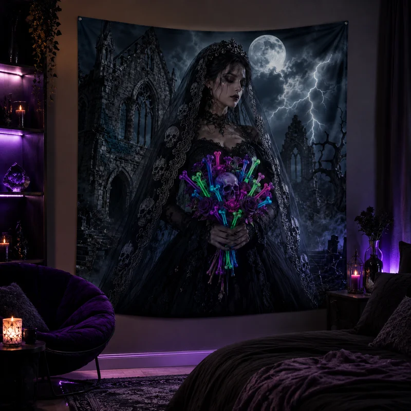VIKAMA “Mysterious Witchcraft Tapestry on a Thunderstorm Night,” Dark Gothic Bridal Wall Hanging, Atmospheric Home Decor