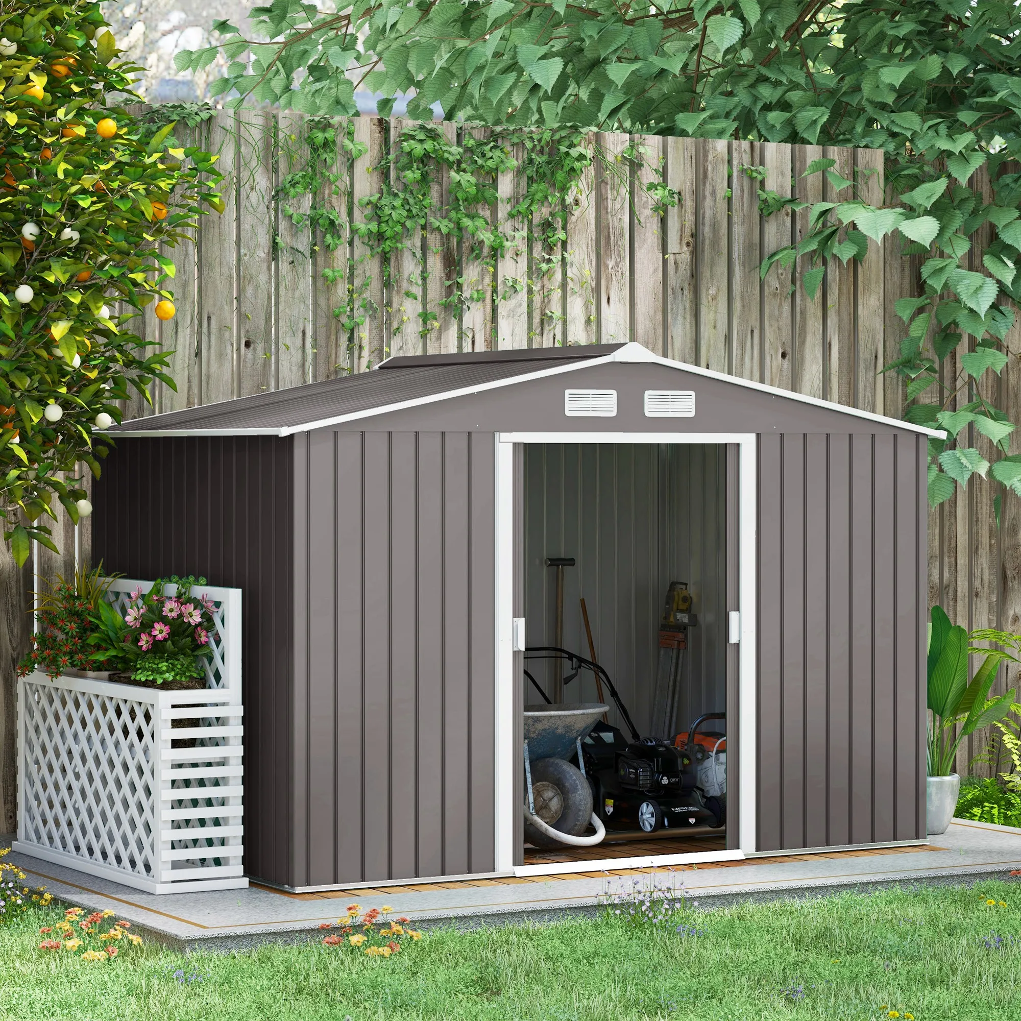 Outsunny Cobertizo de Jardín Exterior Caseta de Jardín Metálica para Almacenamiento de Herramientas con Base Incluida y 4 Ventanas 5,2 m² 277x195x192 cm Gris