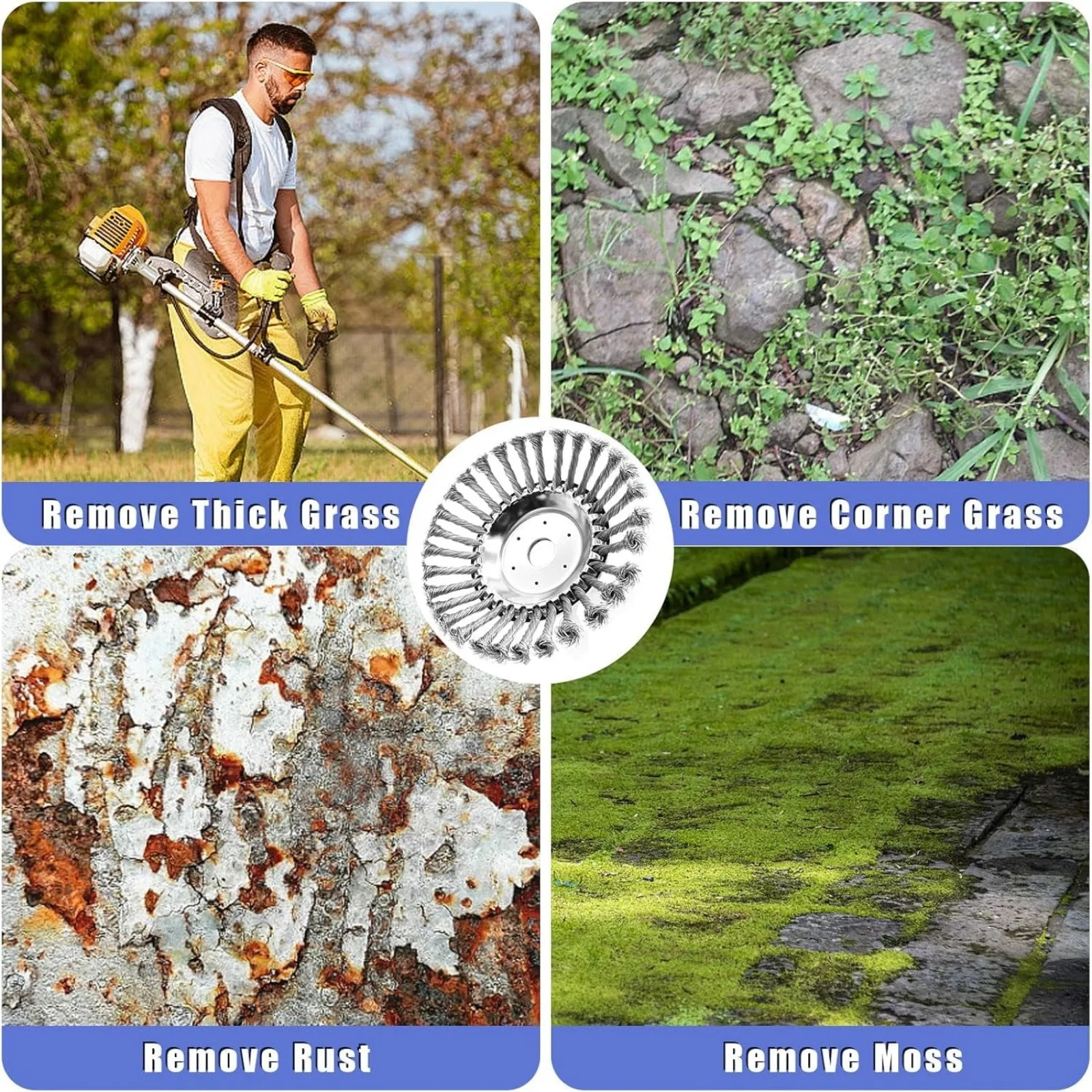 8 ''/10'' 스틸 와이어 휠 잔디 트리머 헤드 가정용 가솔린 Brushcutter 제거 녹 및 이끼 용 정원 제초 브러시 교체