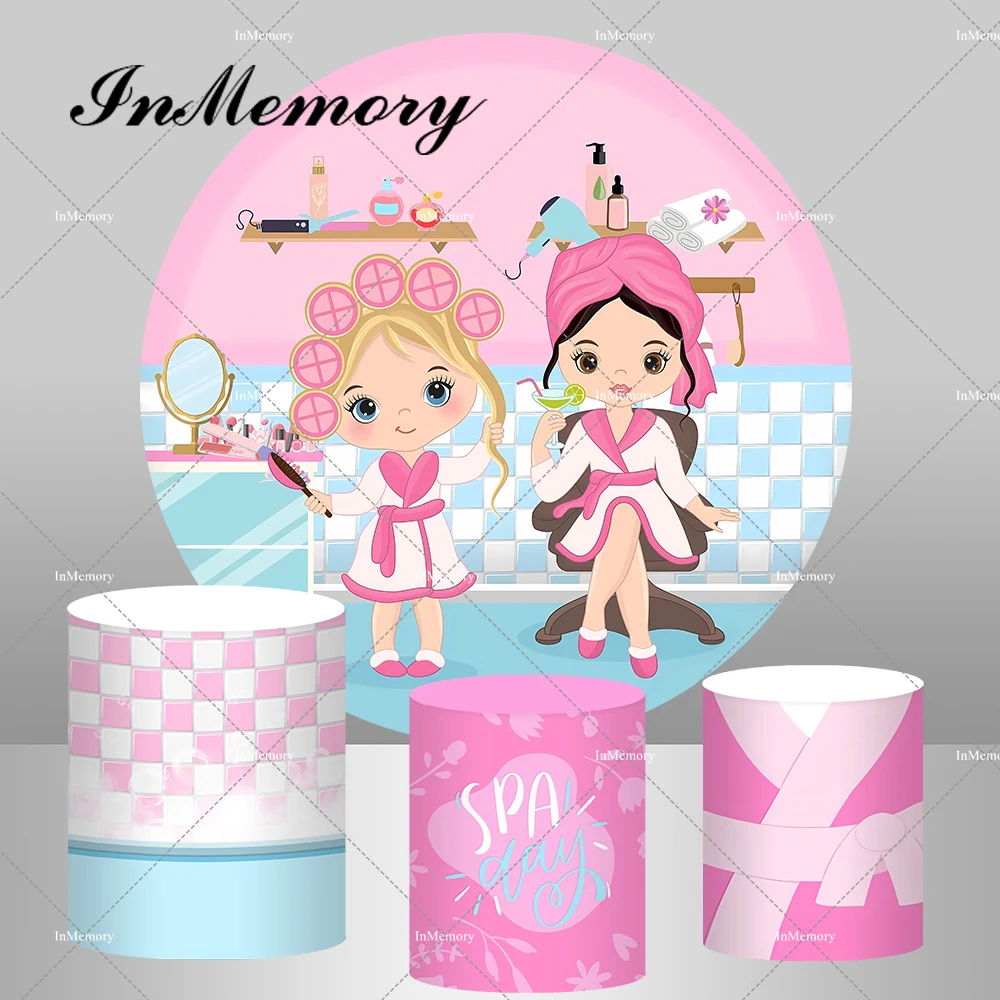 Girls Spa Theme Birthday Party Round Backdrop Cover Pink Bathrobe Makeup Manicure Photography Backgrounds Pedestal Covers