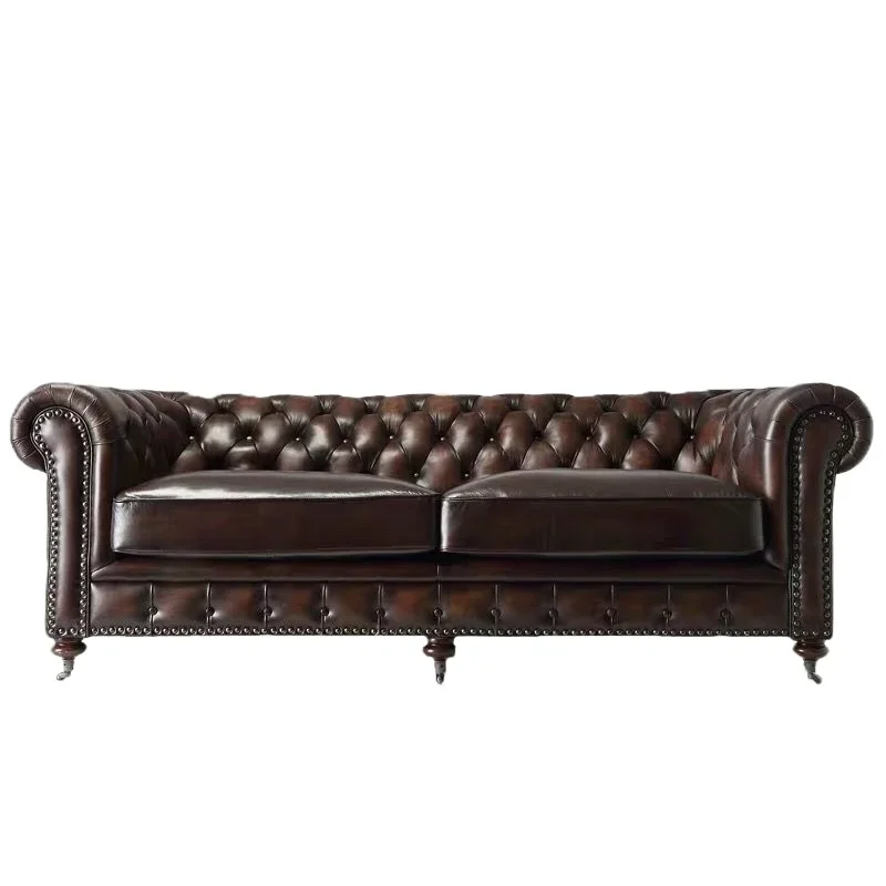 

American leather art sofa, retro leather buckle three-person sofa in the living room, casual single