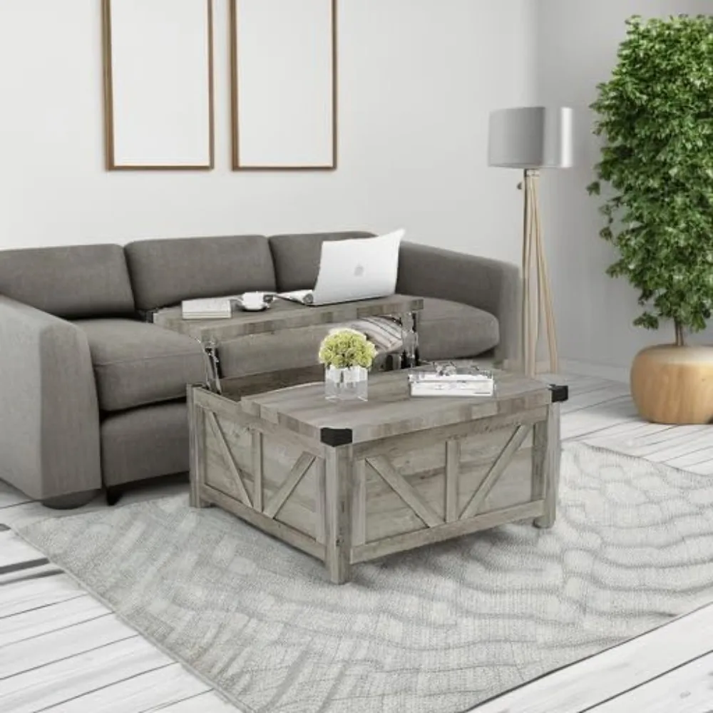 수납 공간이 있는 팜하우스 리프트 탑 커피 테이블, 충전 스테이션 및 USB 포트가 있는 나무 사각형 센터 테이블, 대형 거실 테이블