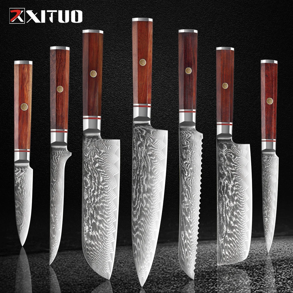 Premium 1-7PCS Damascus Knives Set Japanese Chef Knife,Santoku,Bread Knife with Octagonal Wood Handle Razor Sharp Kitchen Knife