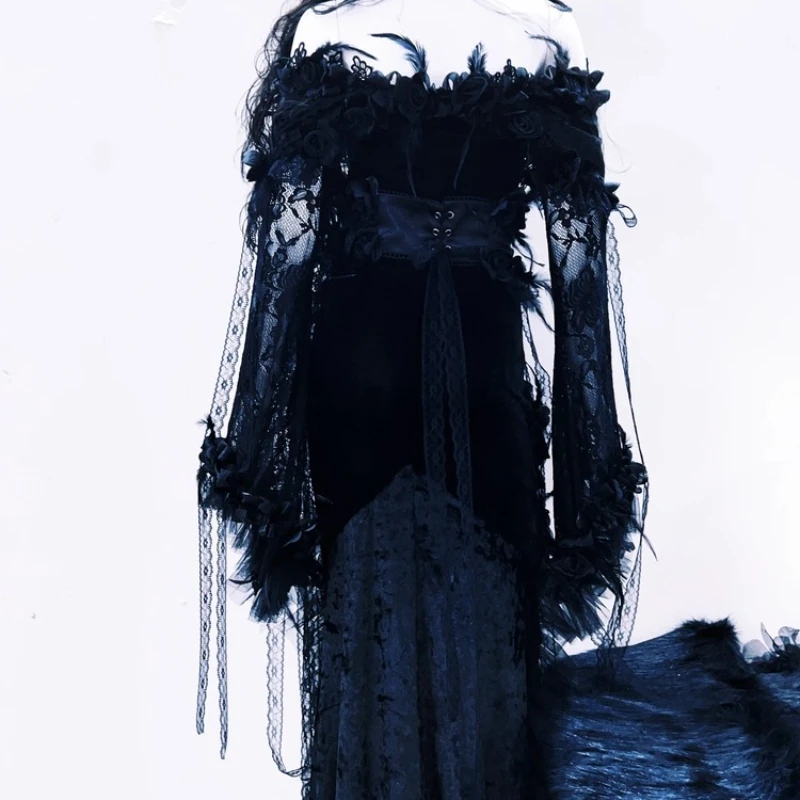 Original Design Gothic Lace Off-Shoulder Tube Top Long Dress Punk Retro Autumn Halloween Dark Waist Cincher Long Dresses Ladies