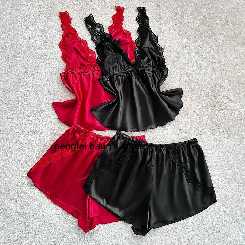 2026 Satin Texture Women's Two-Piece Sleepwear Set, Summer Spaghetti Strap Top & Shorts Elegant Lace Back Cutout Home Loungewear