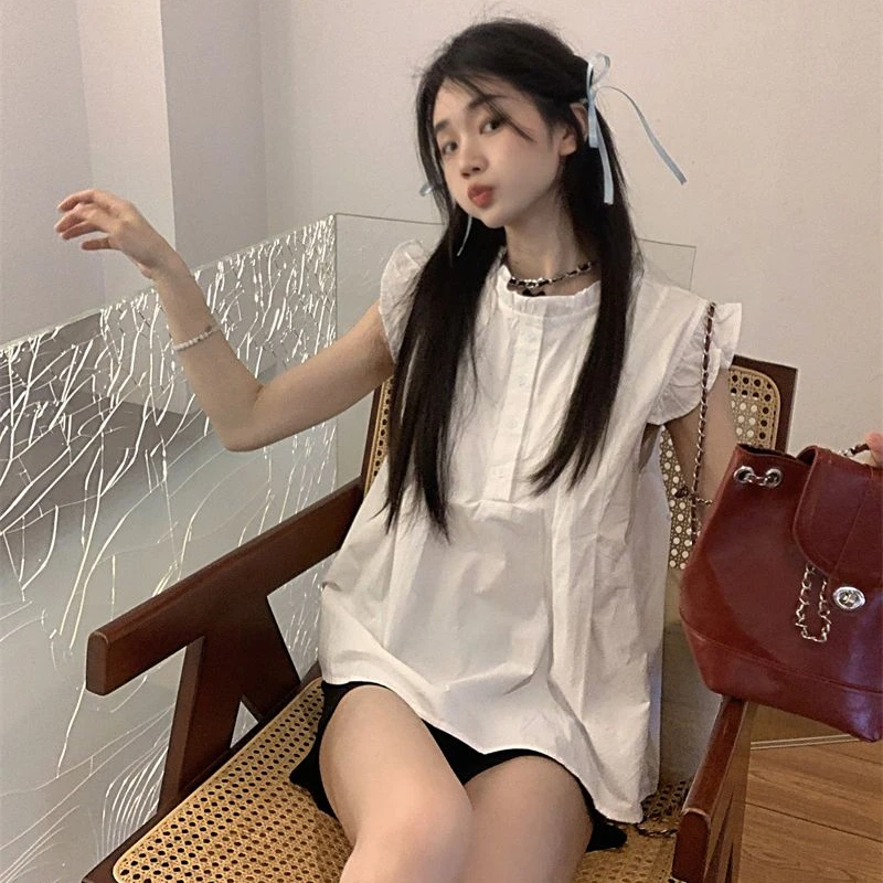 White Blouses Women Flying Sleeve Temperament Hotsweet Summer Princess New Fashion Literary Casual Loose Korean Style Harajuku