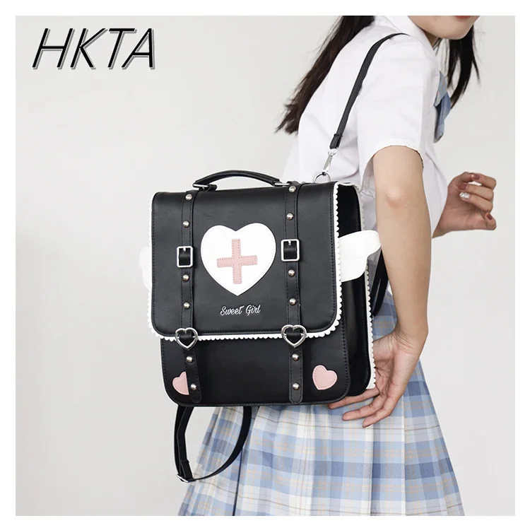 Japanese Cute JK Uniform Square Bag Lolita Sweet Angel Wings Heart Embroidered Bags Girls Preppy Style Kawaii Students Backpacks