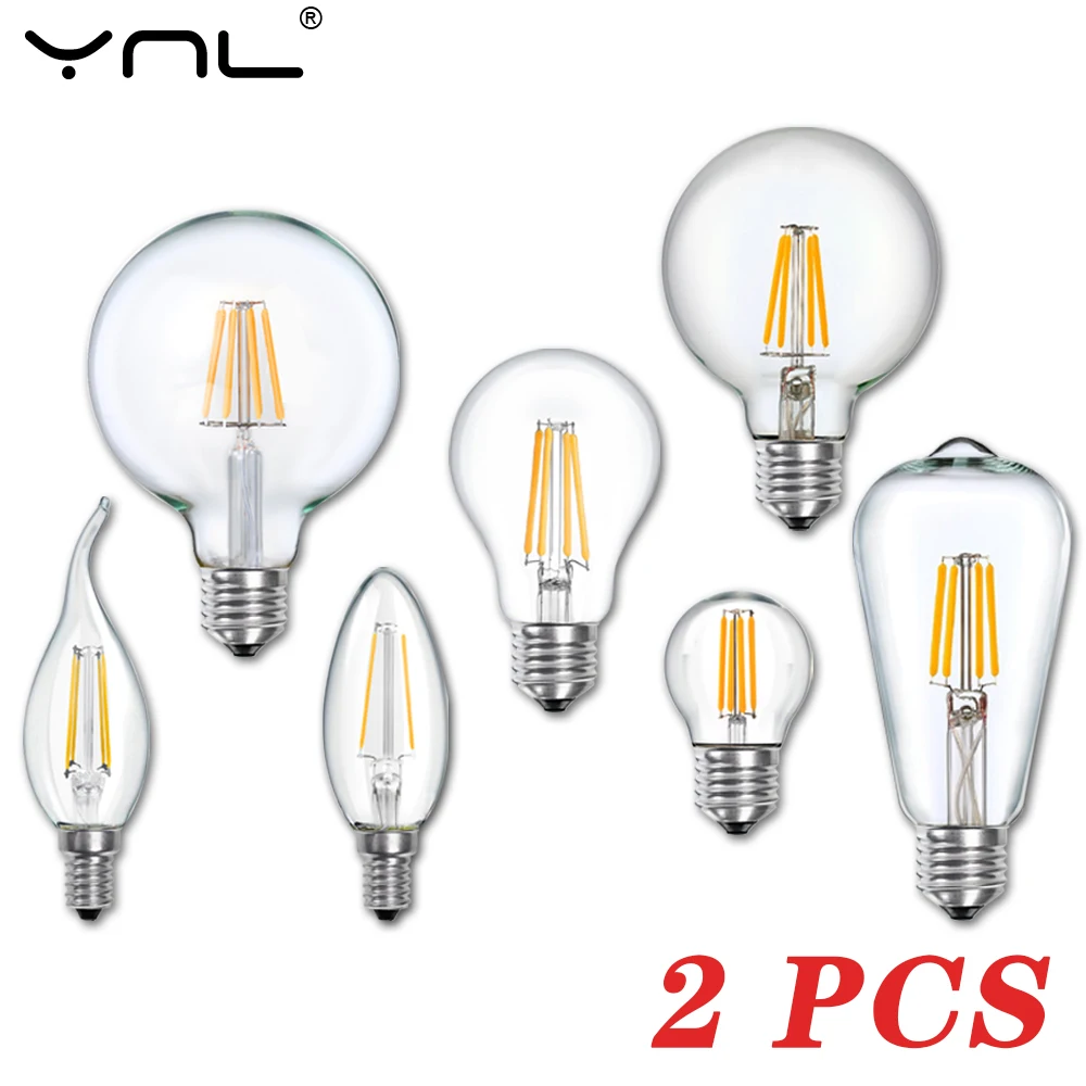 

2Pcs/lot E27 E14 Retro Vintage Edison Bulb LED Filament Lamp 220V 240V Glass Light Bulb C35 A60 ST64 G45 G80 G95 Candle Light