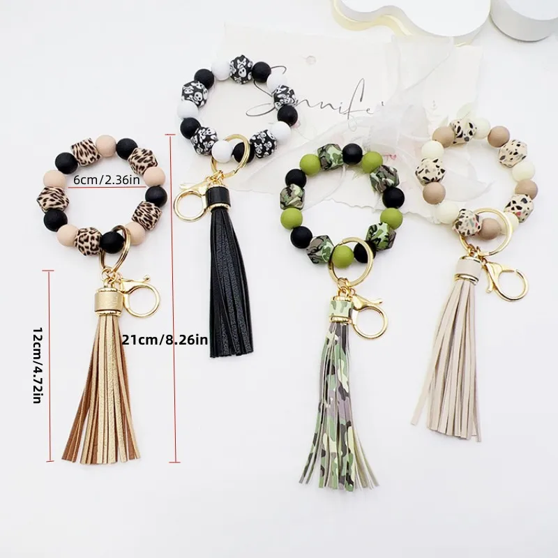 1pc Silicone Leopard Print Beaded Tassel Car Keychain Key Ring,  Fashion Bracelet Accessories Women\'s Bag Pendant Accessories