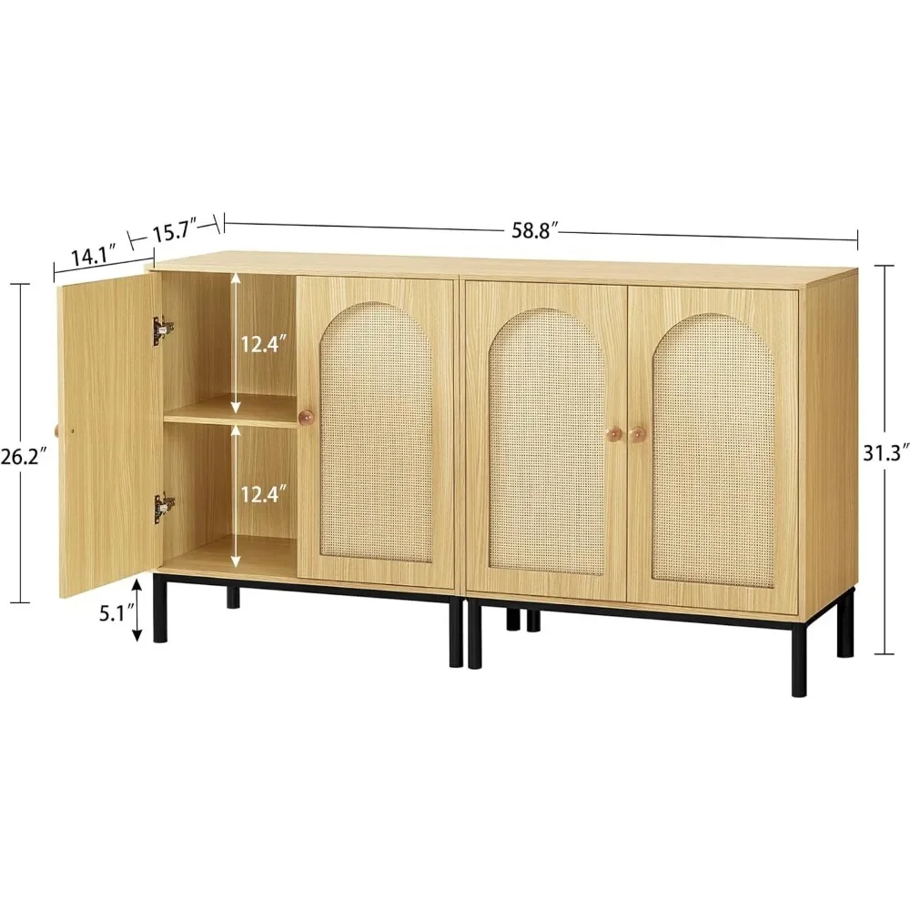 Rattan Cabinet, Storage Cabinet with Doors and Shelf, Buffet Cabinet with Metal Bottom Frame, Accent Cabinet