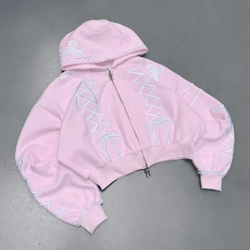 Zipper Pink Streetwear Short Hoodies Bow Embroidery Casual Hooded Coats Lace Y2k Wide Leg Pants Harajuku 2 Piece Sets For Women