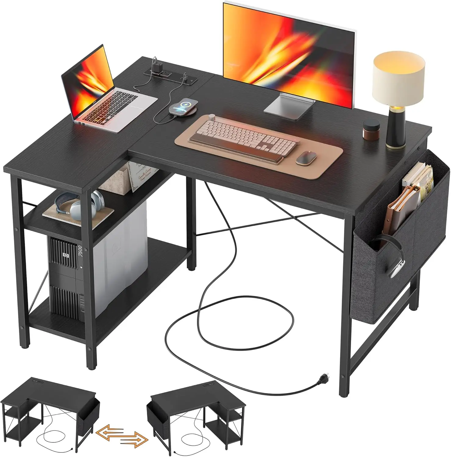 

40-дюймовый L-образный игровой стол с розетками, съемными полками для домашнего офиса, учебы и работы, черный