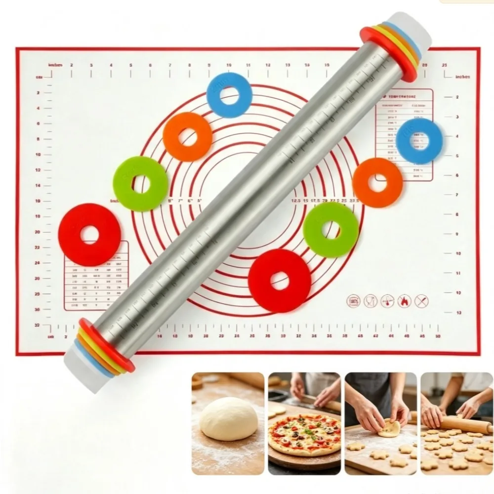 Stainless Steel Rolling Pin and Silicone Mat Set, Adjustable Thickness Rings, or Only Baking Mat/Dough Roller with Measurement