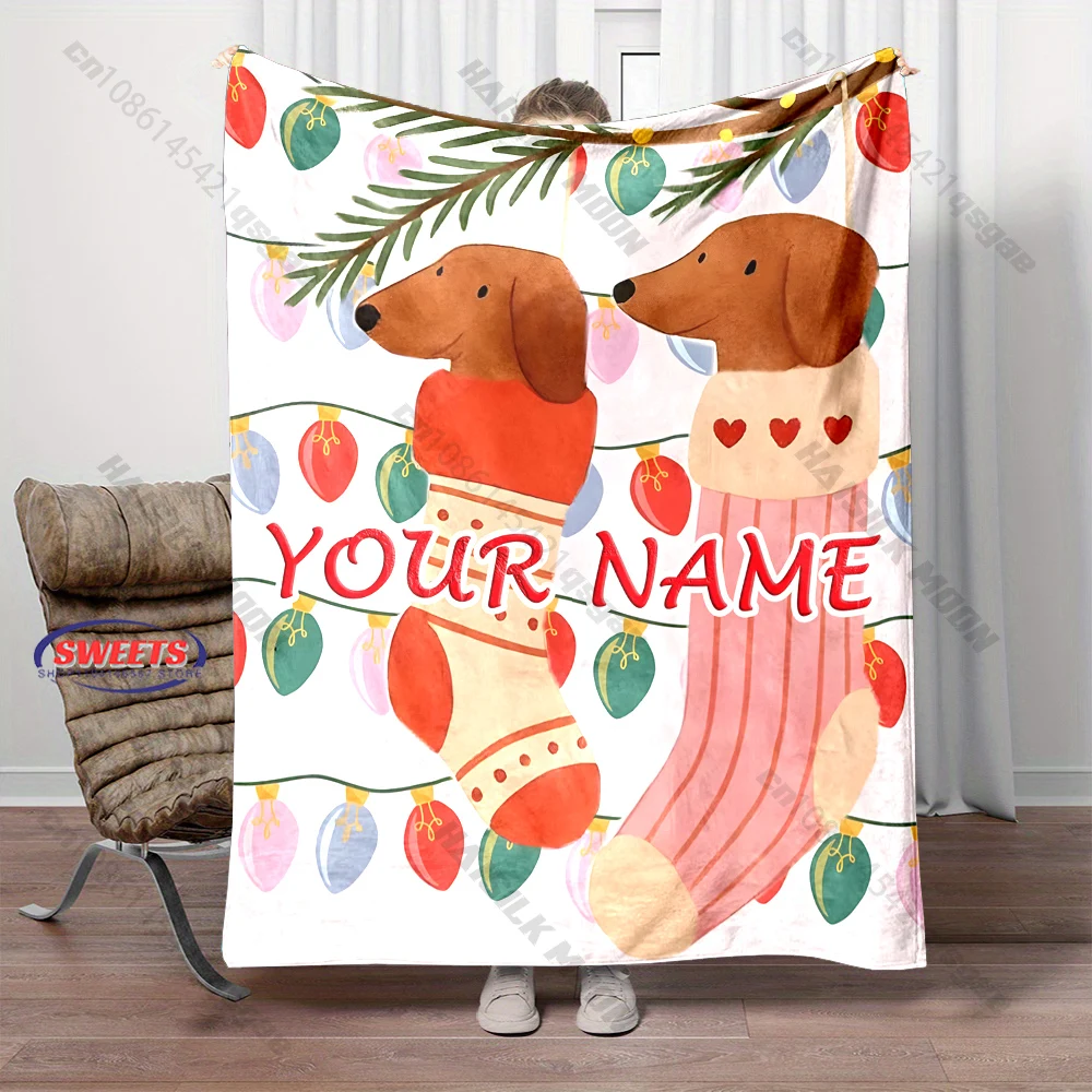 Custom Name Dachshund Christmas Blanket Wiener Dog Stocking Festive Light Flannel Throw Blanket Pet Owner Xmas Gift