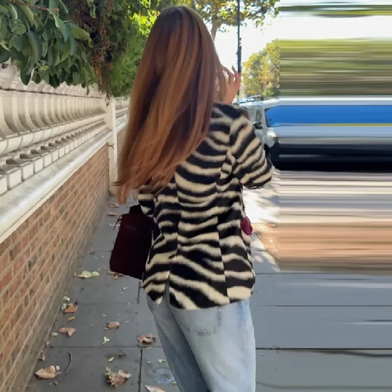Women Zebra Print Jacket Contrast Velvet Pocket Stand Collar Single Breasted Fitted Short Coat Y2K Street Ladies Outerwear