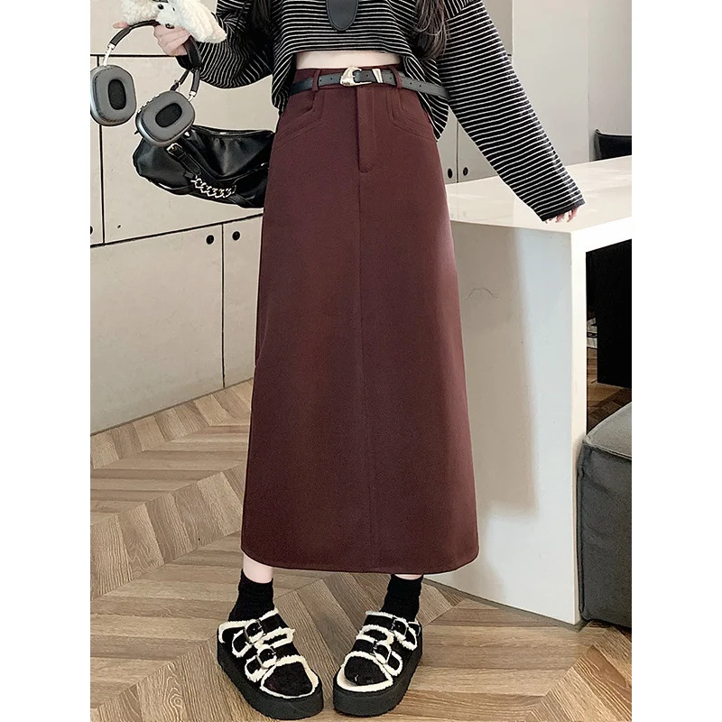 Ankela Red Woolen Skirt Women2024Autumn and Winter High Waist Slimming Draping One-Step Skirt SplitaWord Hip Skirt