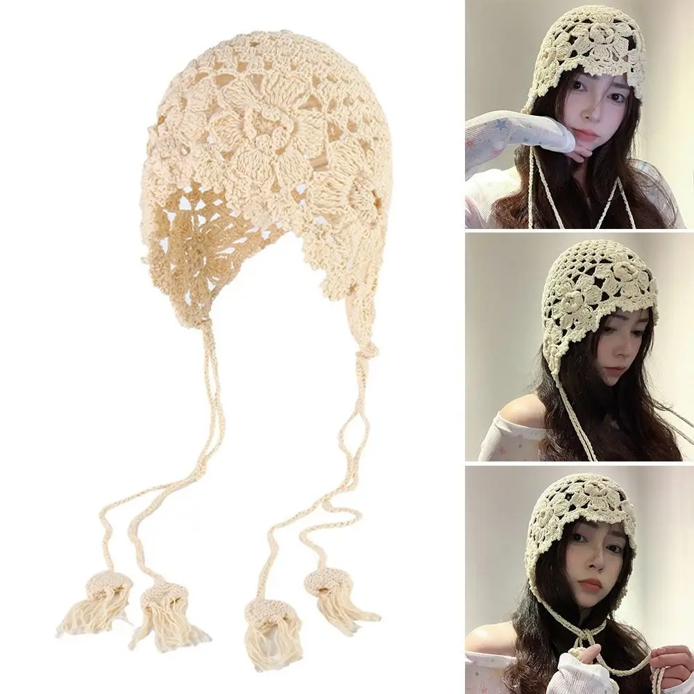 Breathable Handmade Knitted Hat Hollow Flower Crochet Beret Cap Fringed Bohemian Style Skullies Hat for Women