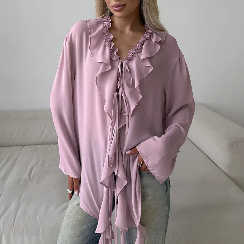 

Typhaland Chiffon Ruffled Tie-Neck Blouse Women's Solid V-Neck Casual Loose Stylish Commuting Shirt 2026 summer New Female Top