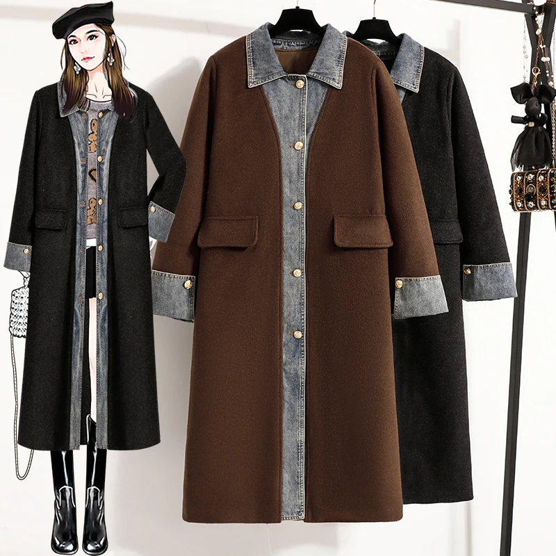 

Slimming Effect Women's plus Size Denim Long Sve Woolen Coat Loose Overcoat Autumn Winter New Arrival Commute Sle