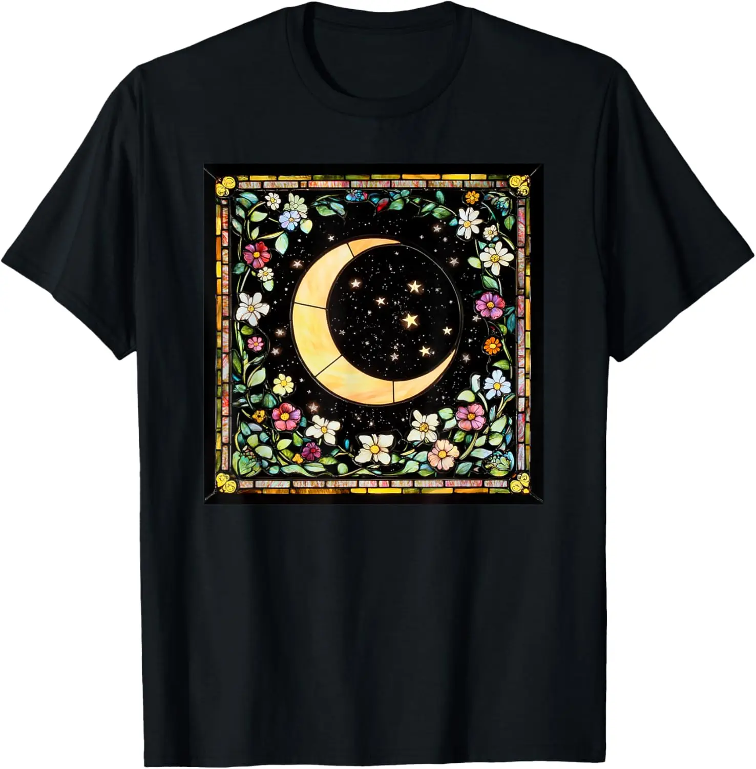 Moon Flowers Floral Stars Stained Glass Pattern Print T-Shirt