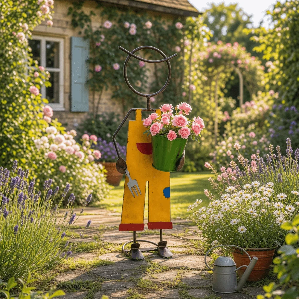 

Cute Iron Garden Sculpture Home Ornaments Landscape Art Flower Pot Funny Boy Girl Statue Balcony