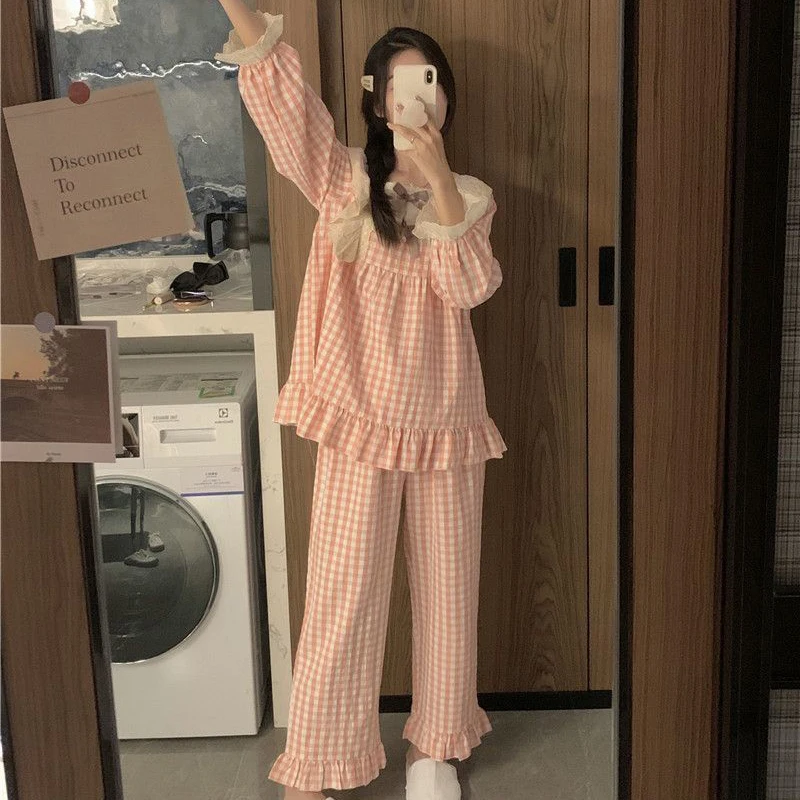 Plaid Sleepwear Women Pajama Sets Square Collar Piiama Lace Pants Sets 2 Pieces Long Sleeve Autumn Night Wears Korean Home Suit