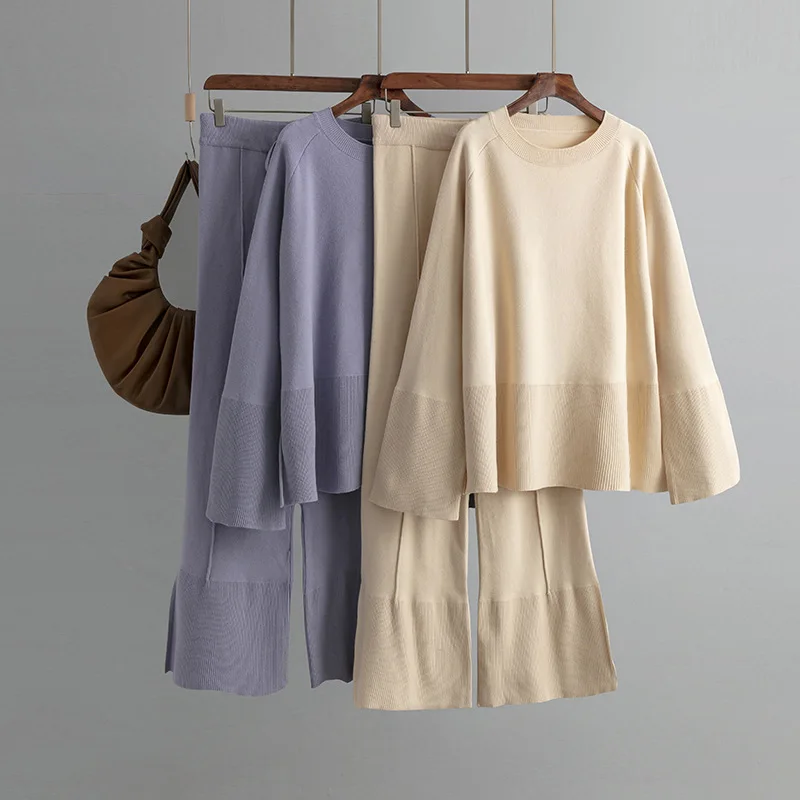 Women's Fashion Loose Knitted Solid O-neck Sweater and High Waist Pants Set Casual Wear Comfortable Breathable Ensemble B822