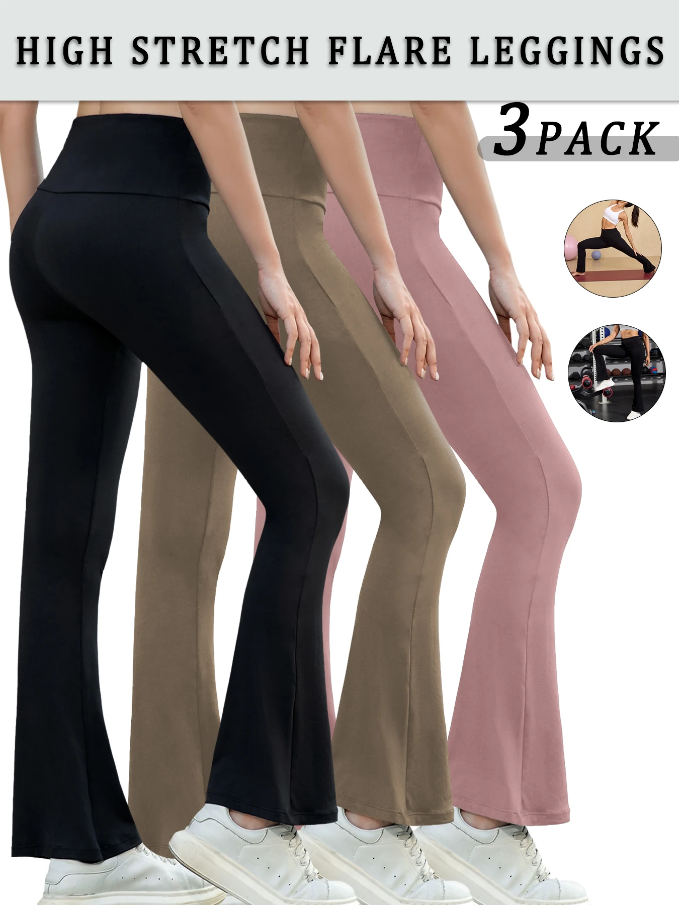 

3 pack Women's Super Soft Flare Pants High Waisted Tummy Control Workout Yoga Leggings Bell Bottoms
