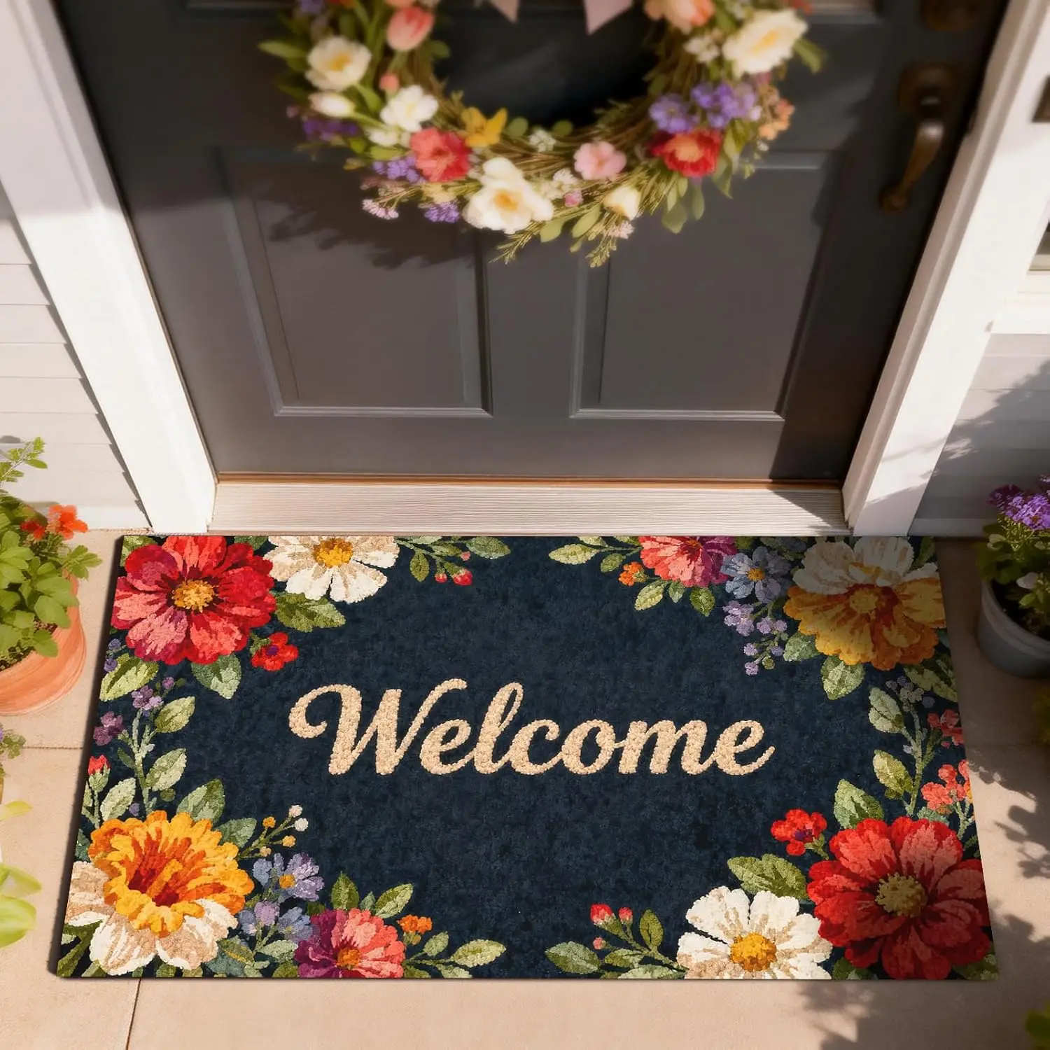 Green Floral Area Doormat Welcome Boho Machine Washable Entrance Entry Door Rug Indoor Outside Blacking for Kitchen Decor Gifts