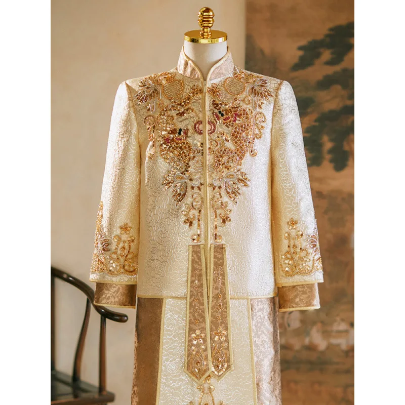 

HH317Golden Xiuhe suit for men groom 2024 new high-end Chinese wedding dress for bride and groom toast Xiuhe men's style