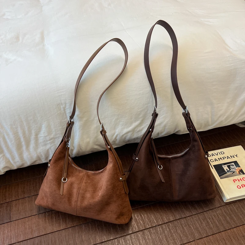 Suede Spliced Hobo Bag Retro Large Capacity Crossbody Bags Vintage High Quality Underarm Shoulder Tote Handbag for Daily Commute