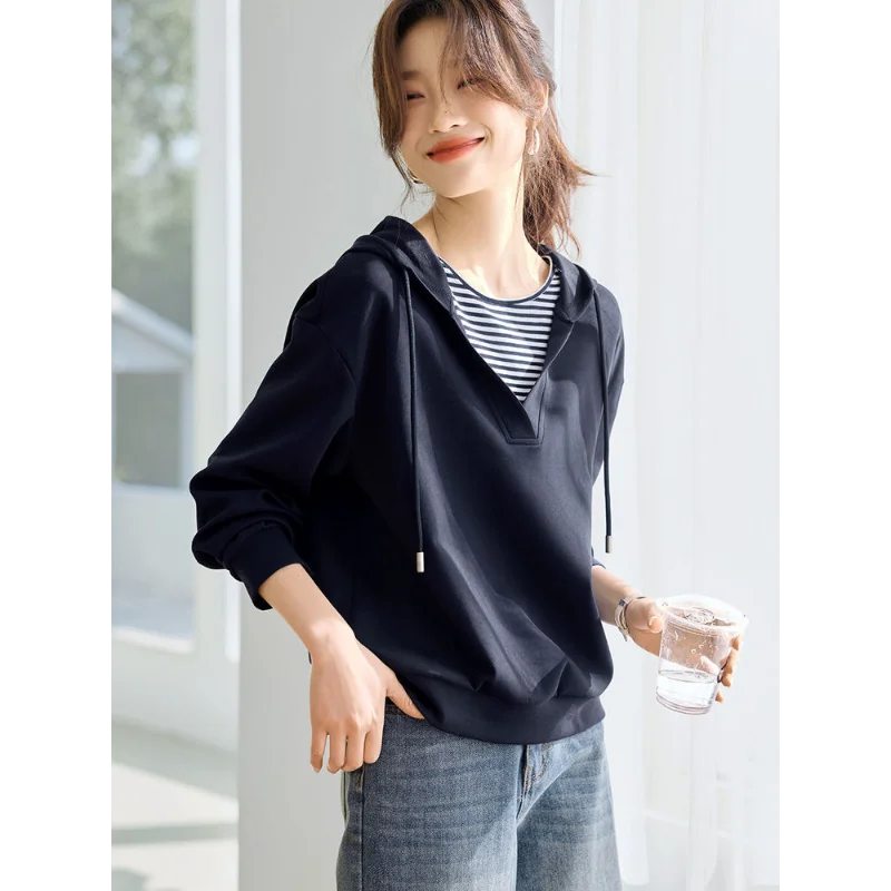 

Hooded Commuting Patchwork Color Block Striped Casual Top Women Spring Fashion Sweatshirt