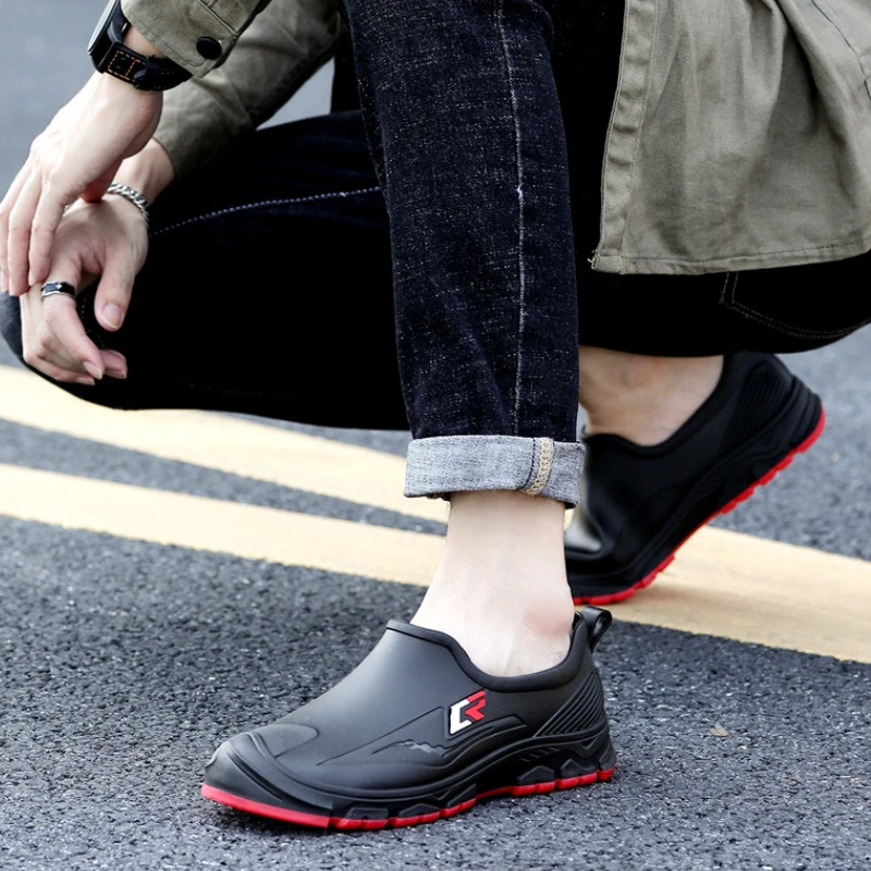 Mens Rubber Shoes Fashion Shallow Slip-on Flats Rain Shoes Waterproof Work Non-Slip Galoshes Husband Fishing Water Boot Footwear