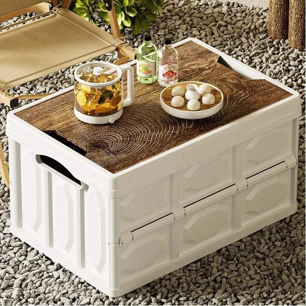 

Складной ящик для хранения с деревянной крышкой, многофункциональный ящик для хранения багажника автомобиля, пластиковый ящик для хранения в кемпинге, кемпинг