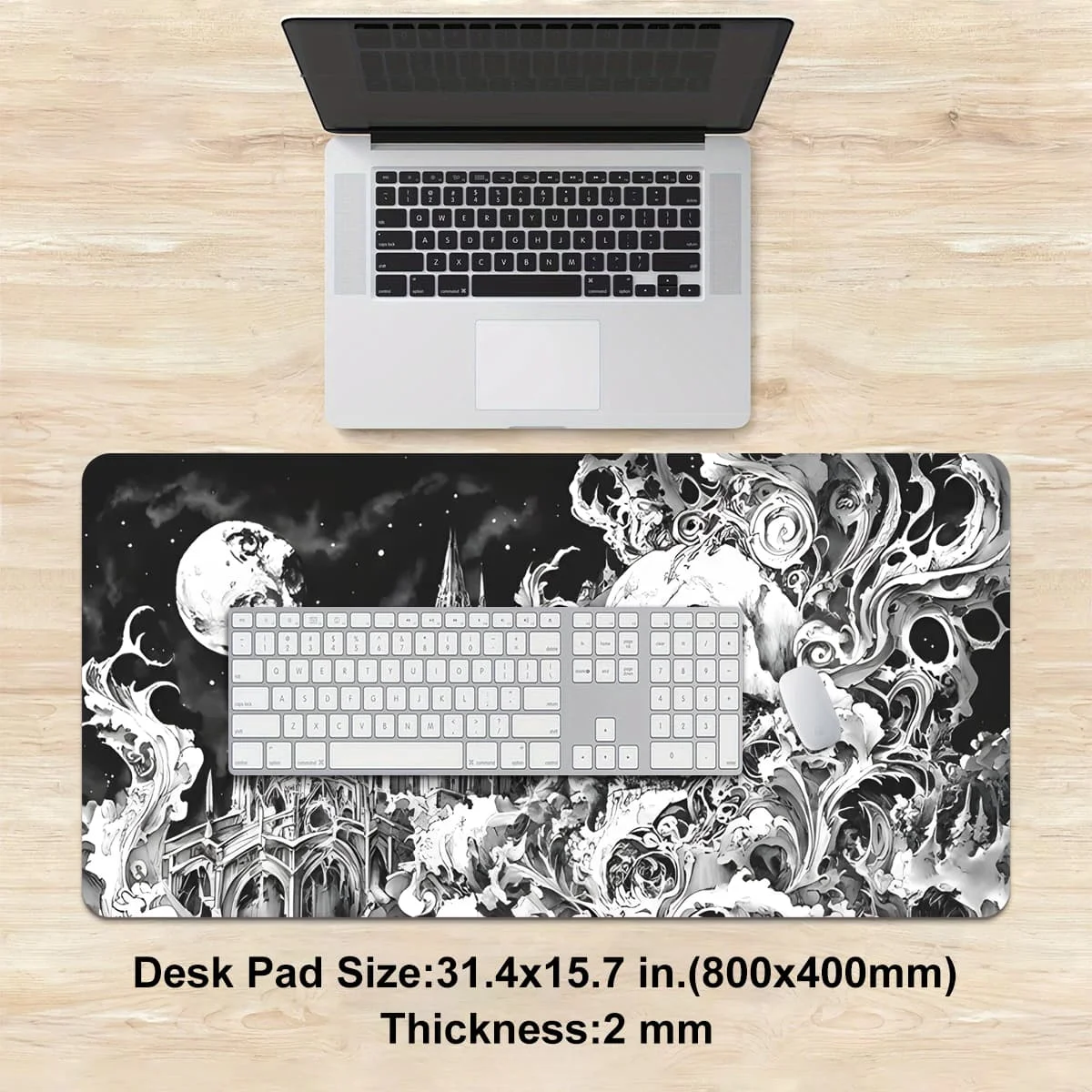 Schwarz-weißes Totenkopf-Schloss-Kunst-Mauspad, mehrere Größen, waschbar, rutschfest, genähte Kante, Computer-Schreibtischunterlage für Büro und Zuhause, ideales Geschenk