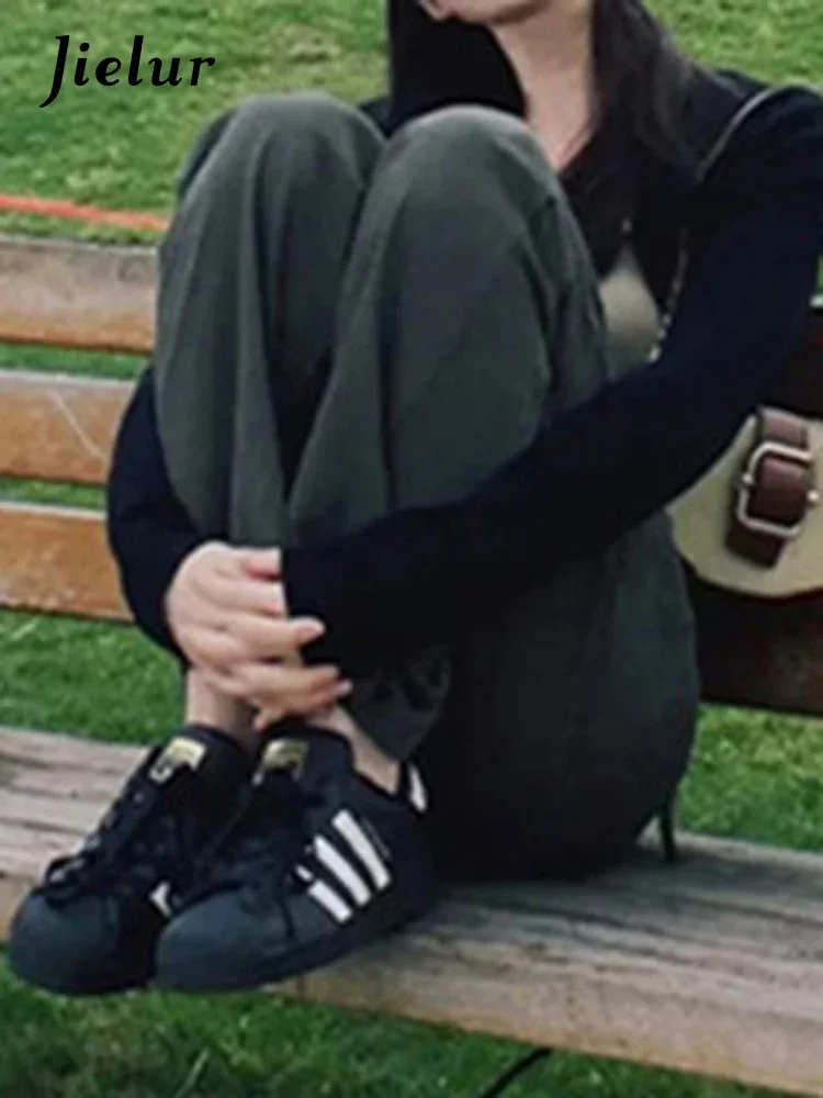 Jielur Style américain décontracté taille haute vert femmes Cargo pantalon été couleur unie droite mince ample femme jambe large pantalon