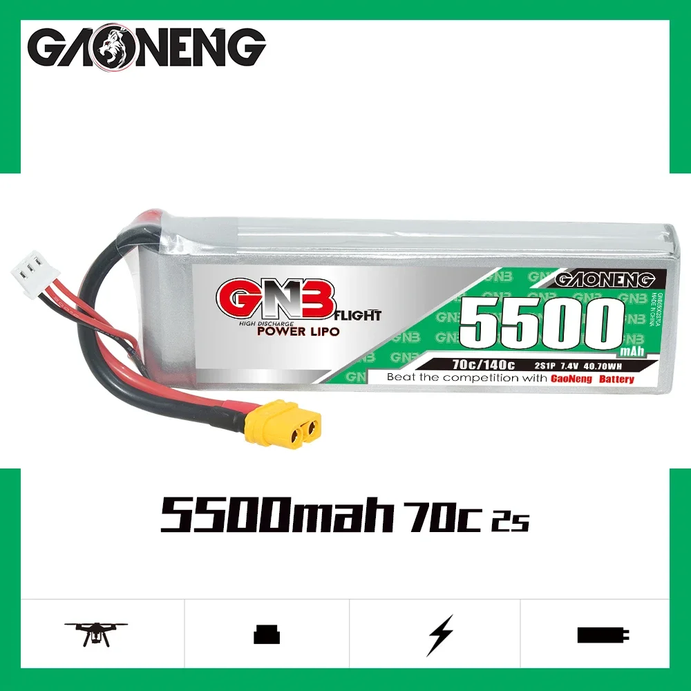 GAONENG GNB 5500mAh 2S 70C 140C 7.4V XT60 LiPo Battery 1/10 and 1/8 scale RC Hobby Models Electric RC Devices RC Boat